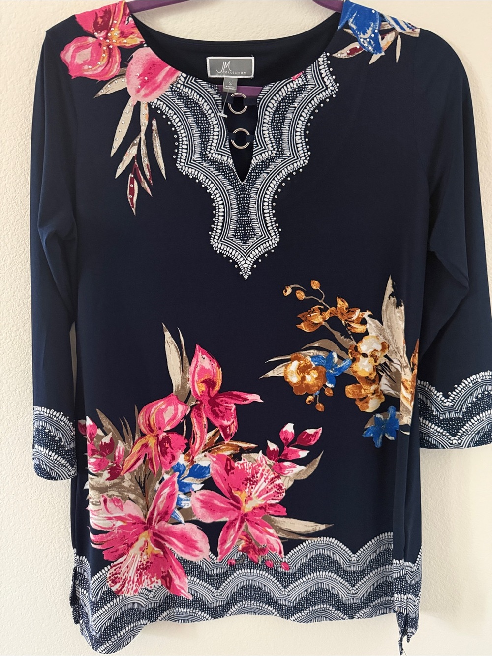 JM Collection Navy Floral Tunic with Pink & Blue Accents